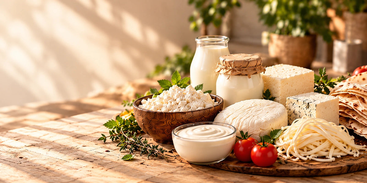 SEZON cheeses and dairy products on a rustic wooden table