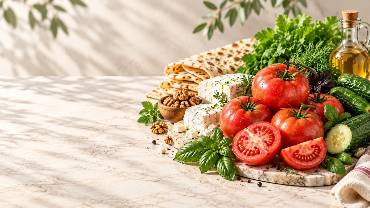 SEZON homepage hero with fresh tomatoes, cheese, herbs and lavash